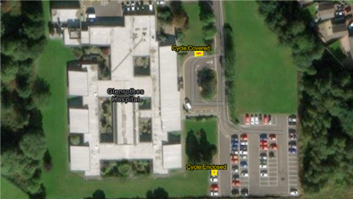 Map showing Glenrothes Hospital cycle storage options