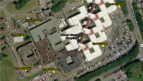 Map showing Queen Margaret Hospital cycle storage
