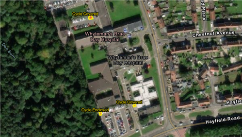 Map showing Whyteman's Brae and Kirkcaldy Health Centre cycle storage