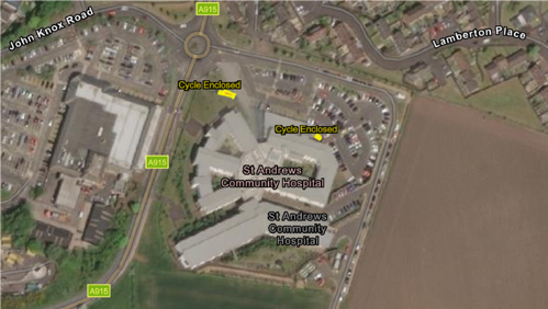 Map showing St Andrews Community Hospital cycle storage
